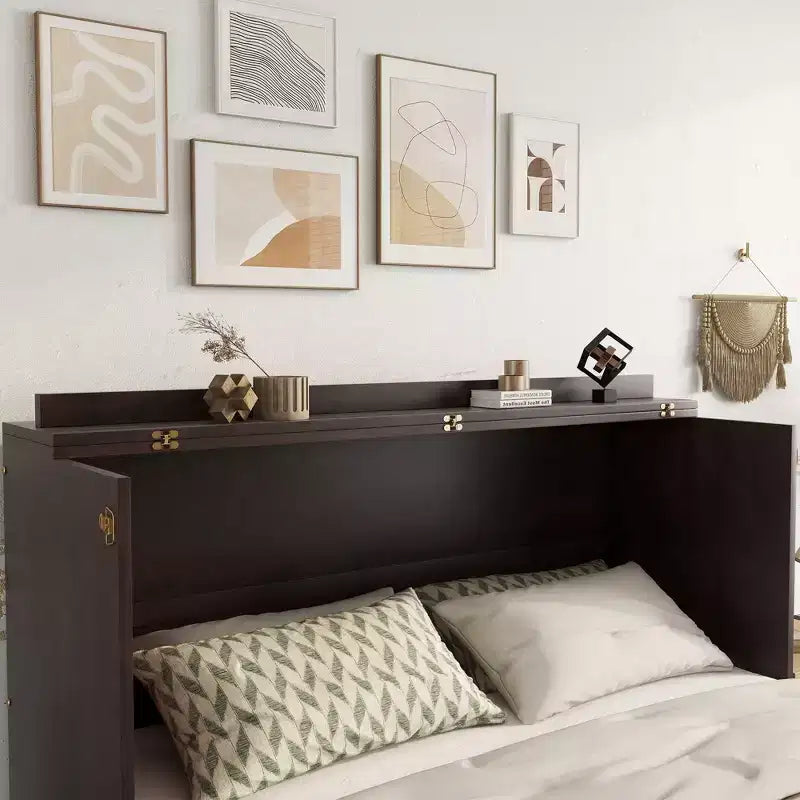 Natural Pine Wood Queen Murphy Cabinet Bed with Rattan Panel & Power Station, 1-Person