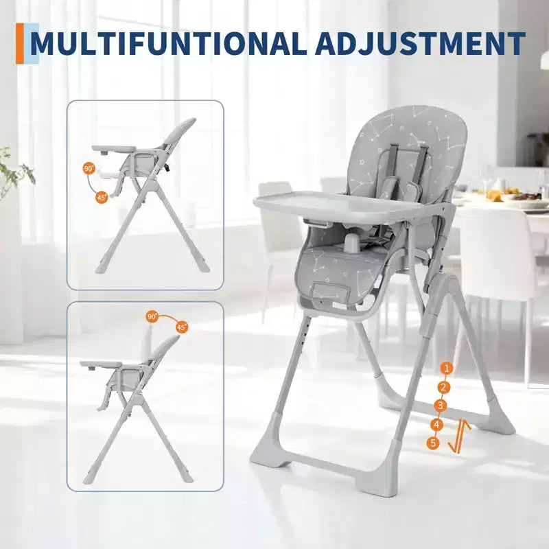 Blue / Grey / Pink Foldable High Chair for 1 Toddler, Height & Backrest Adjustable