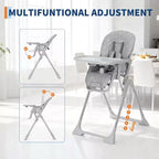 Blue / Grey / Pink Foldable High Chair for 1 Toddler, Height & Backrest Adjustable