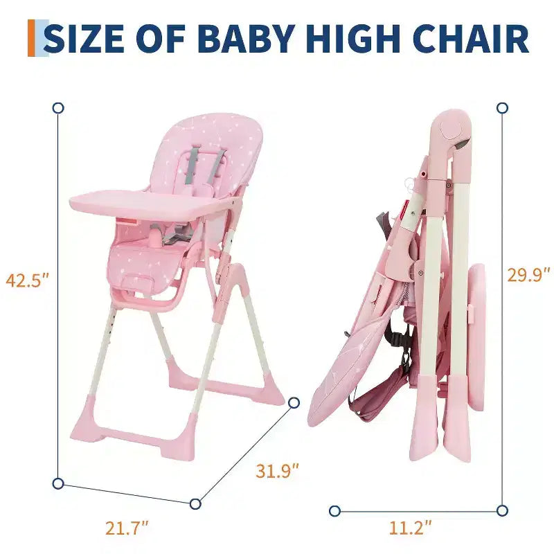 Blue / Grey / Pink Foldable High Chair for 1 Toddler, Height & Backrest Adjustable