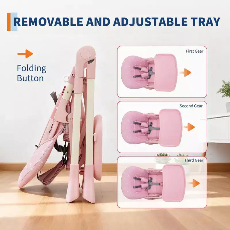 Blue / Grey / Pink Foldable High Chair for 1 Toddler, Height & Backrest Adjustable