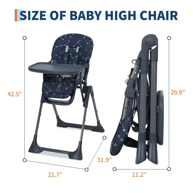 Blue / Grey / Pink Foldable High Chair for 1 Toddler, Height & Backrest Adjustable