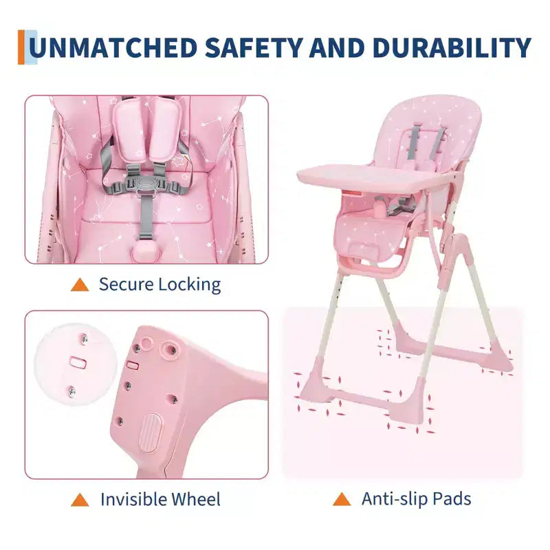 Blue / Grey / Pink Foldable High Chair for 1 Toddler, Height & Backrest Adjustable