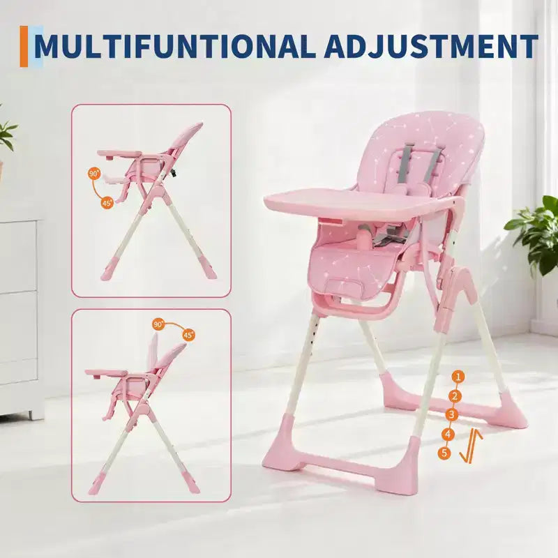 Blue / Grey / Pink Foldable High Chair for 1 Toddler, Height & Backrest Adjustable