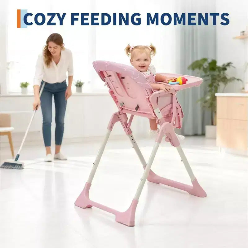 Blue / Grey / Pink Foldable High Chair for 1 Toddler, Height & Backrest Adjustable