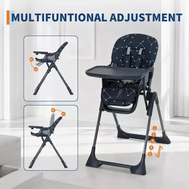 Blue / Grey / Pink Foldable High Chair for 1 Toddler, Height & Backrest Adjustable