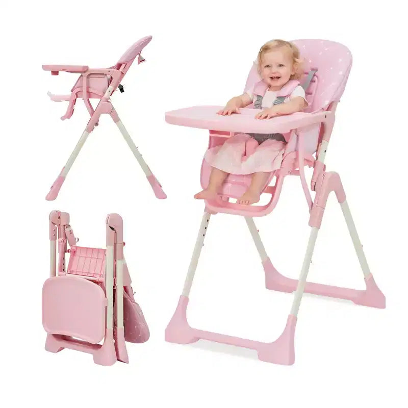Blue / Grey / Pink Foldable High Chair for 1 Toddler, Height & Backrest Adjustable
