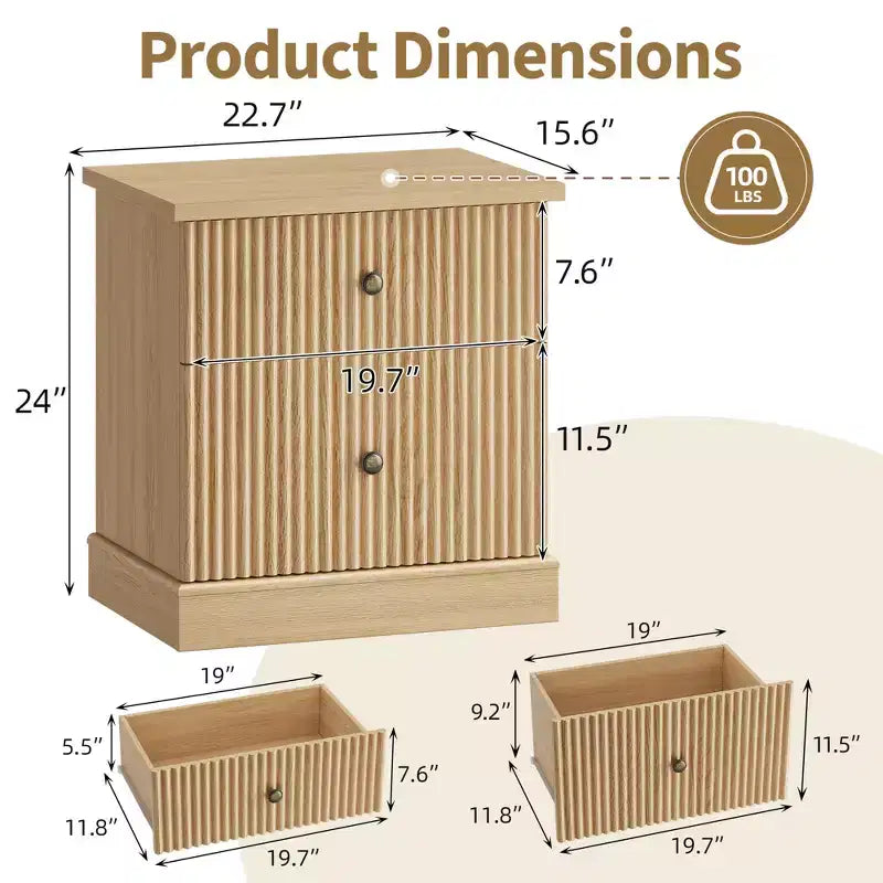 Brown Fluted 2-Drawer Nightstand, 1-Person