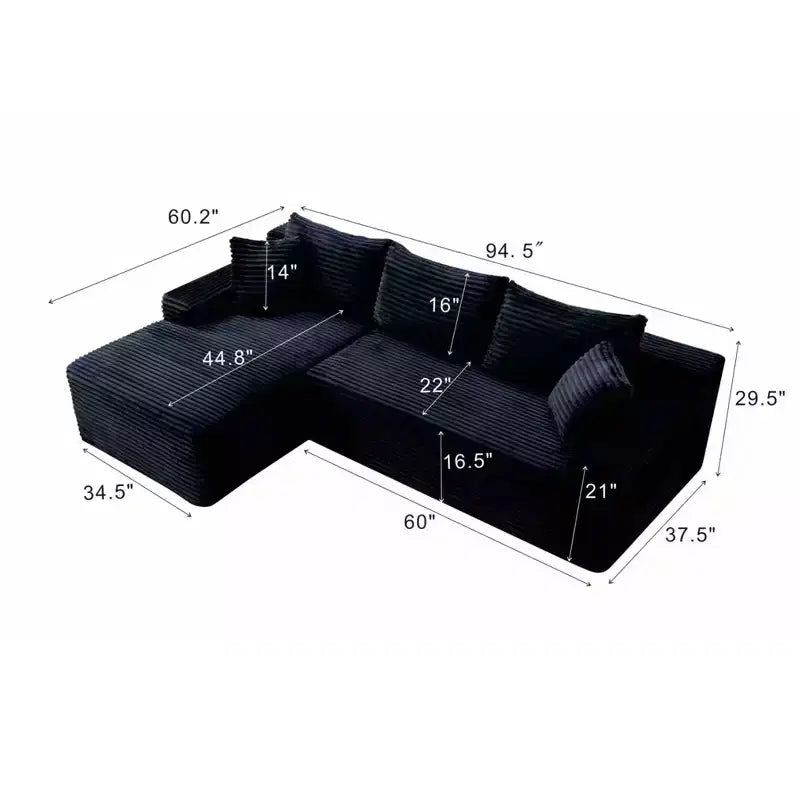 Black / Green Corduroy L-Shape Sectional Sofa, 2-Piece, Seats 4