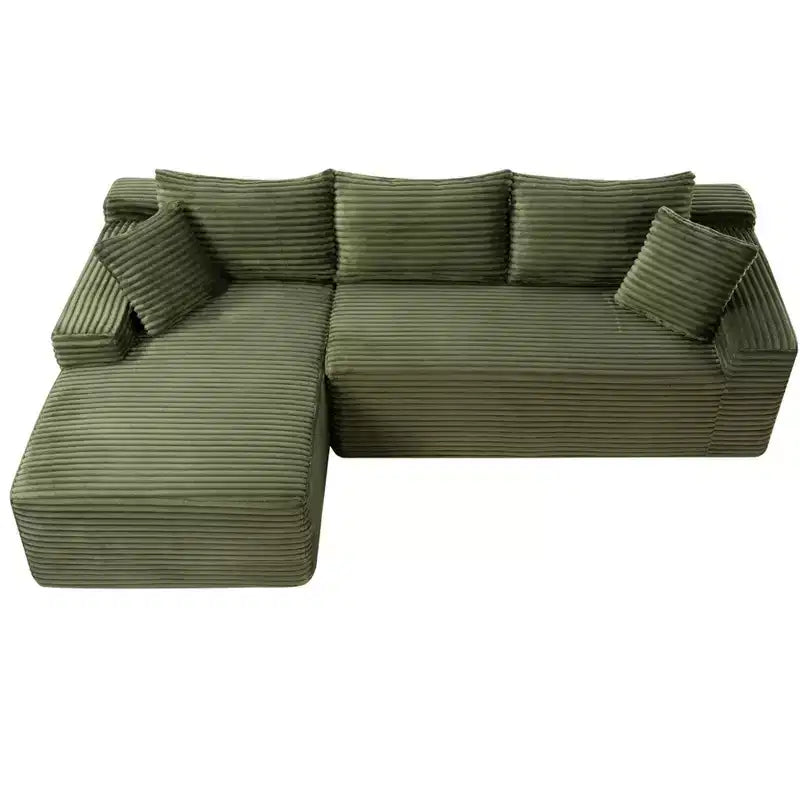 Black / Green Corduroy L-Shape Sectional Sofa, 2-Piece, Seats 4