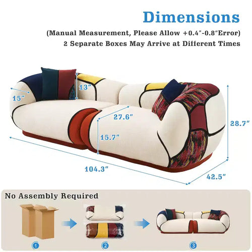 Beige Boho Modular Sofa, 4-Seat Sectional Couch with Colorful Woven Detail