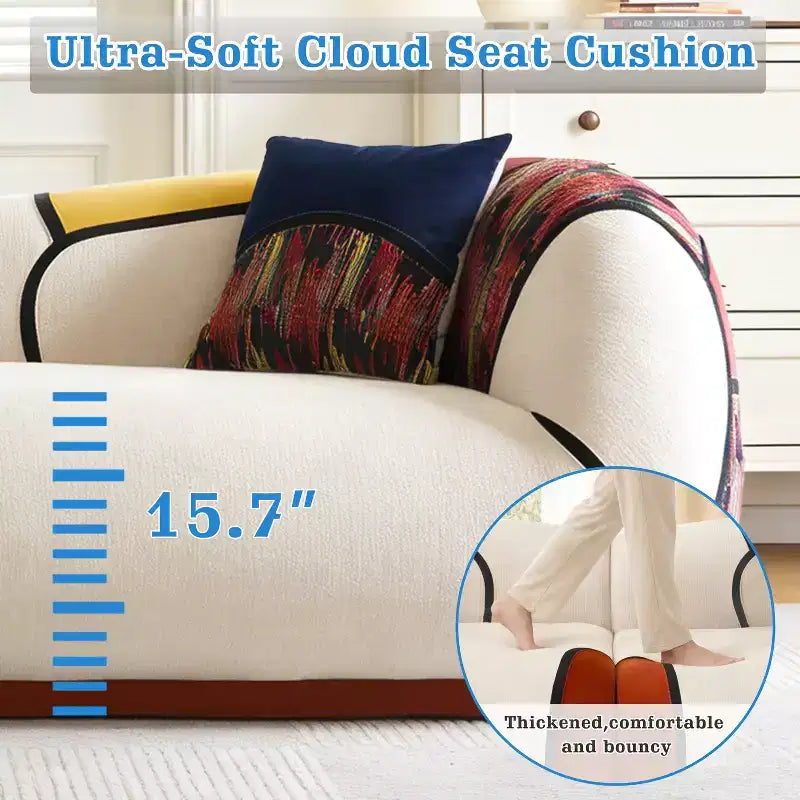 Beige Boho Modular Sofa, 4-Seat Sectional Couch with Colorful Woven Detail