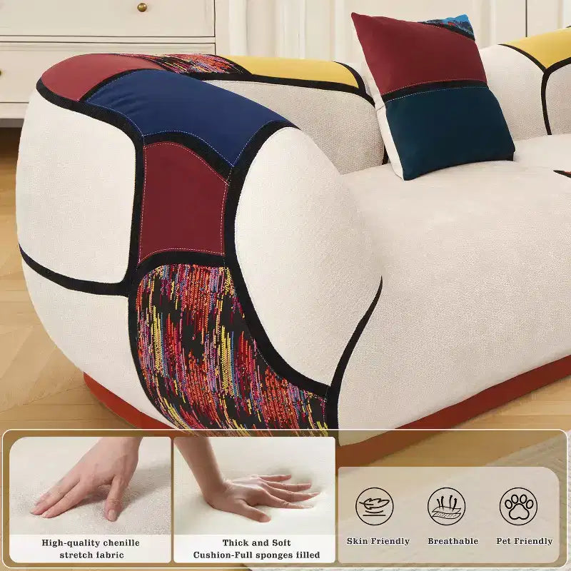 Beige Boho Modular Sofa, 4-Seat Sectional Couch with Colorful Woven Detail