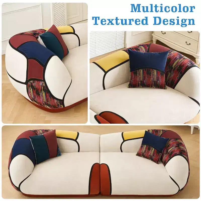 Beige Boho Modular Sofa, 4-Seat Sectional Couch with Colorful Woven Detail