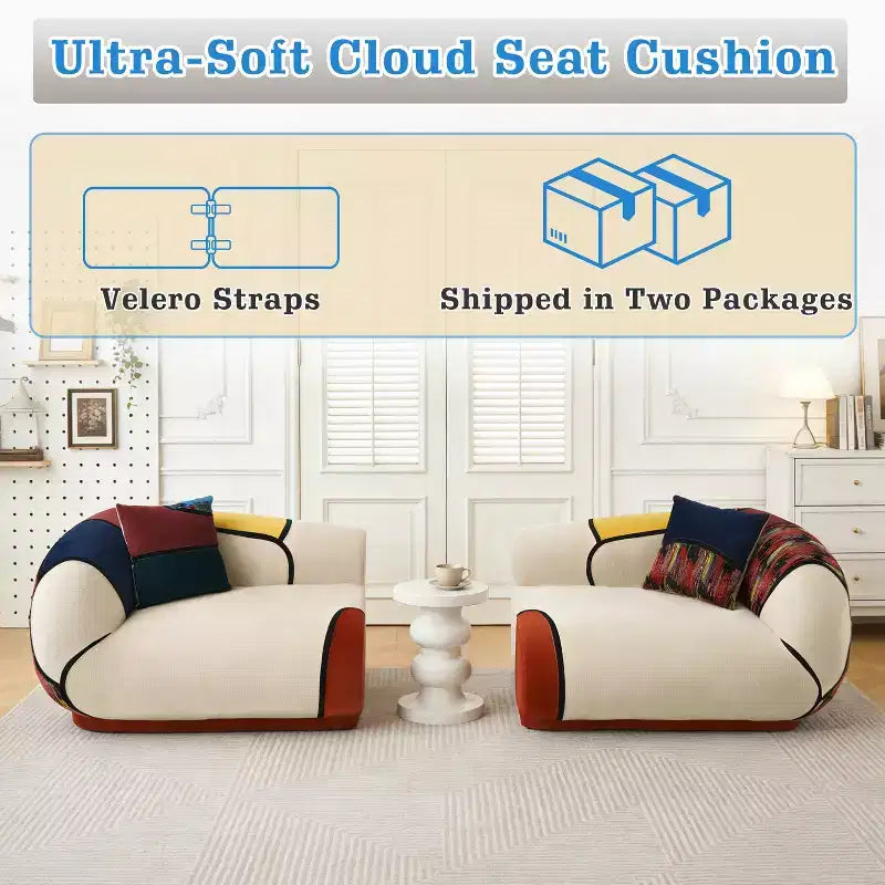 Beige Boho Modular Sofa, 4-Seat Sectional Couch with Colorful Woven Detail