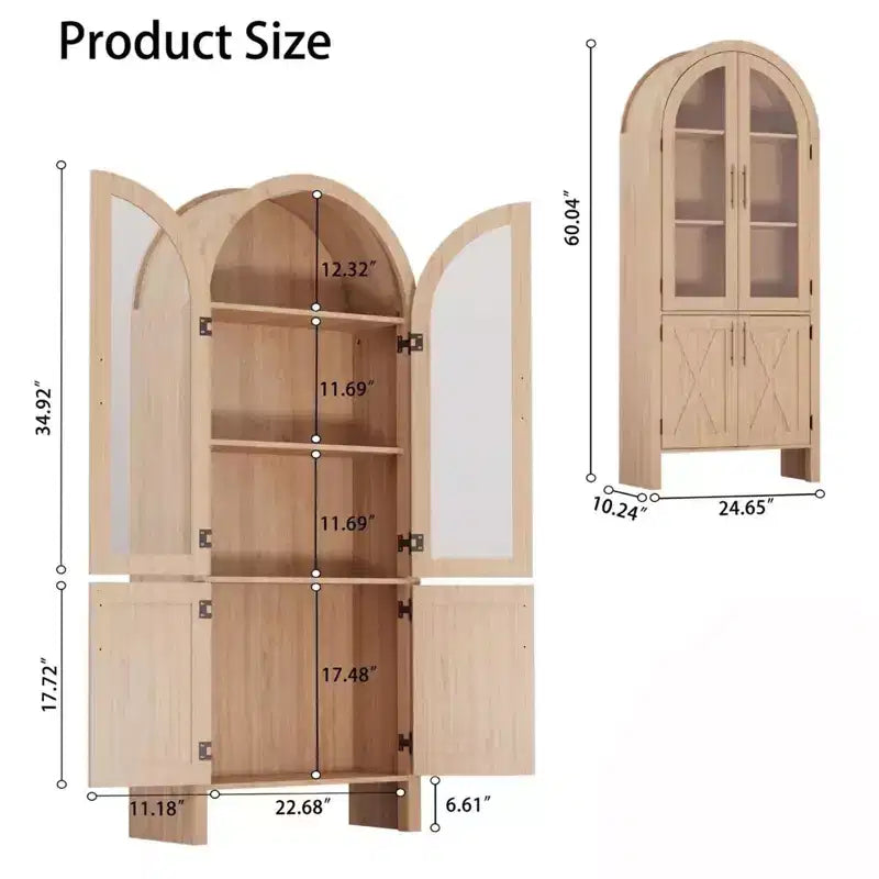 Brown Arched 4-Glass-Door Display Cabinet, 60" Wood Storage Shelf for 1-Room Use