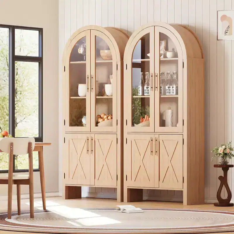 Brown Arched 4-Glass-Door Display Cabinet, 60" Wood Storage Shelf for 1-Room Use