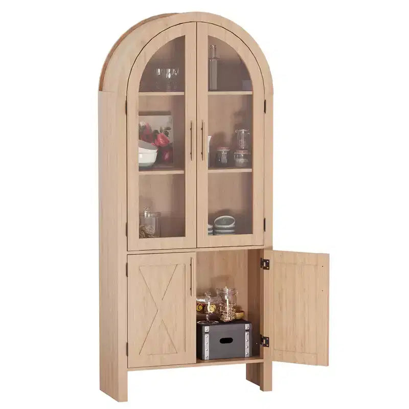 Brown Arched 4-Glass-Door Display Cabinet, 60" Wood Storage Shelf for 1-Room Use