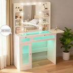 Dyonery Vanity Desk with Mirror,LED Lights and Power Outlet Makeup Vanity Table with 2 Drawers and 6 Storage Shelves Dressing Table for Bedroom