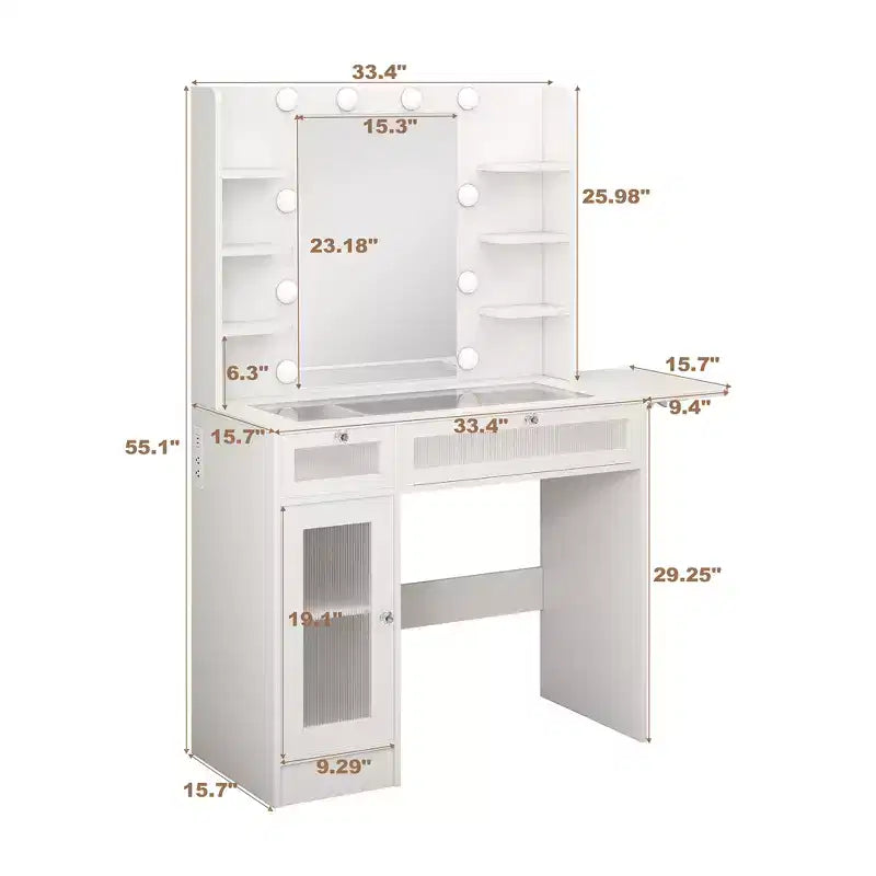 White Vanity Desk with Mirror, LED Lights & Power Outlet – 1 Person, Modern Style