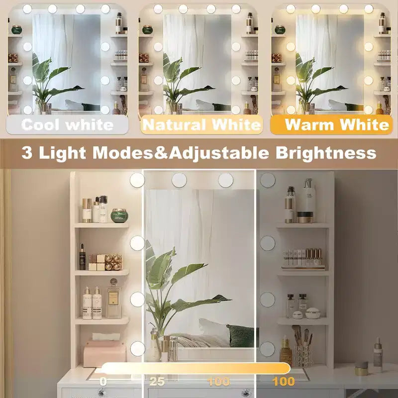 White Vanity Desk with Mirror, LED Lights & Power Outlet – 1 Person, Modern Style