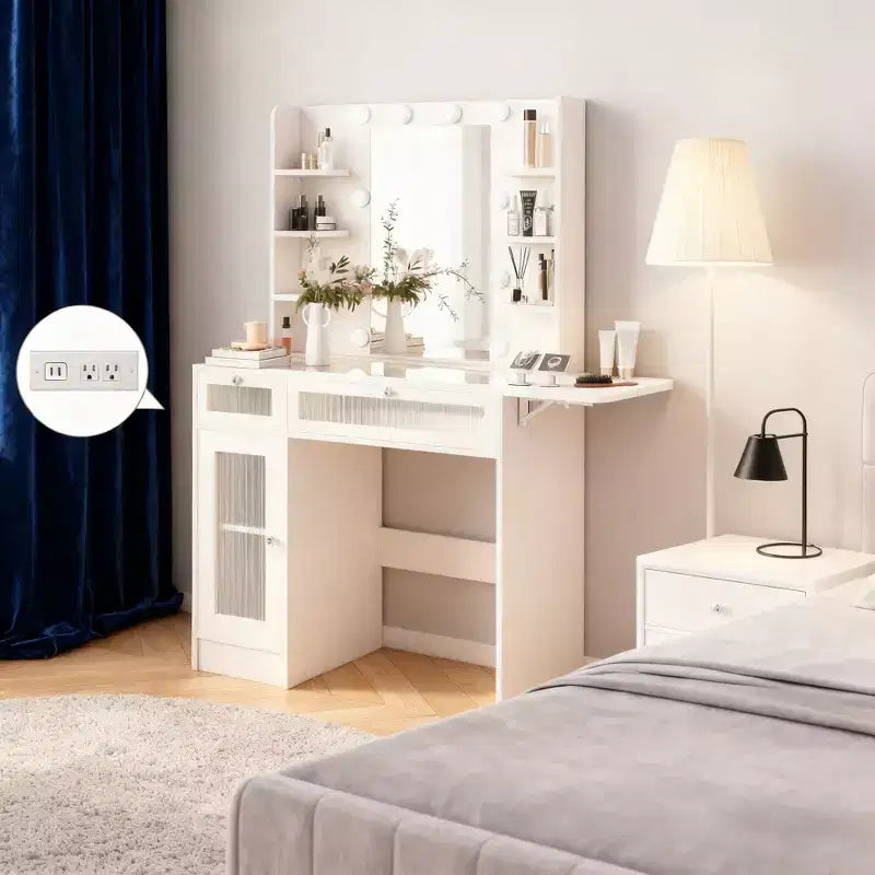 White Vanity Desk with Mirror, LED Lights & Power Outlet – 1 Person, Modern Style