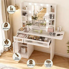 White Vanity Desk with Mirror, LED Lights & Power Outlet – 1 Person, Modern Style