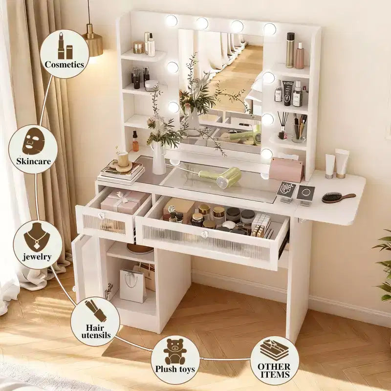 White Vanity Desk with Mirror, LED Lights & Power Outlet – 1 Person, Modern Style