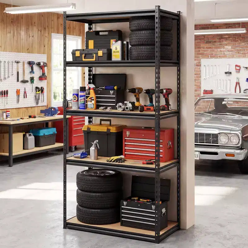 Black 5-Tier Metal Shelving Unit, Set of 3, 2-Person Assembly