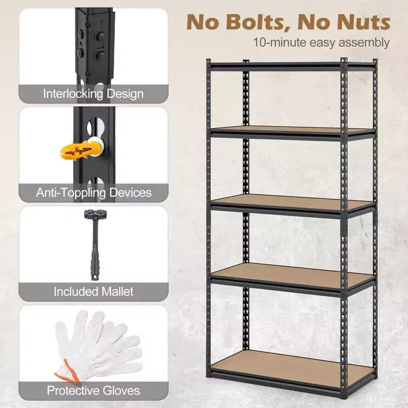 Black 5-Tier Metal Shelving Unit, Set of 3, 2-Person Assembly