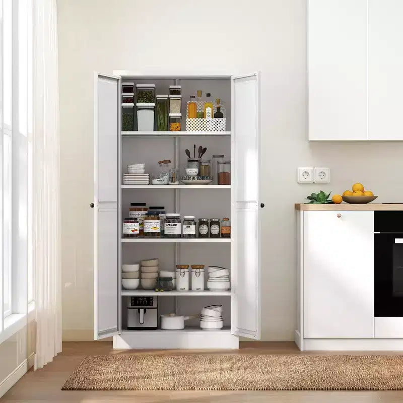 Black / White Fluted Metal Pantry Cabinet, 2-Door Freestanding Storage, Single