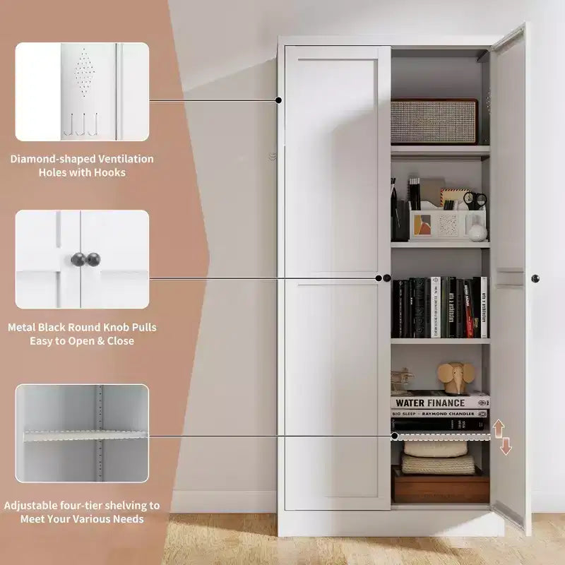 Black / White Fluted Metal Pantry Cabinet, 2-Door Freestanding Storage, Single