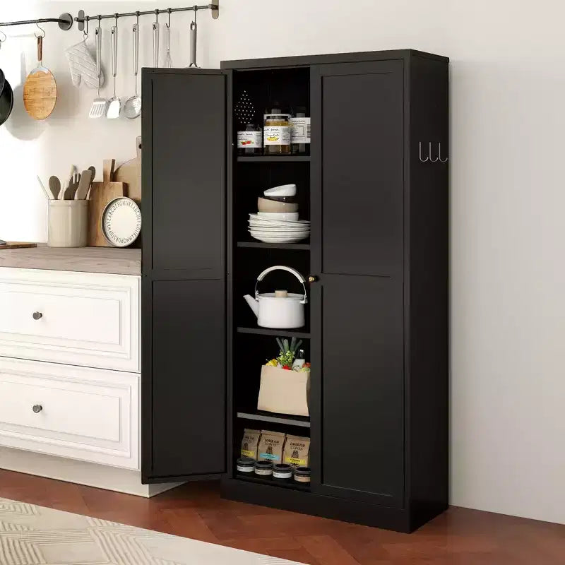 Black / White Fluted Metal Pantry Cabinet, 2-Door Freestanding Storage, Single