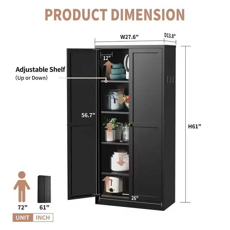 Black / White Fluted Metal Pantry Cabinet, 2-Door Freestanding Storage, Single