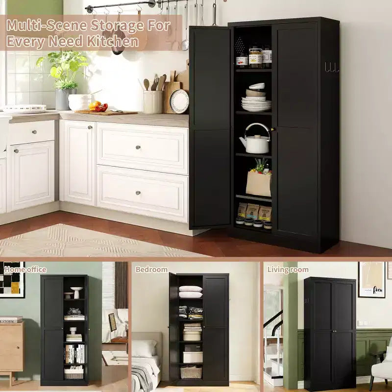 Black / White Fluted Metal Pantry Cabinet, 2-Door Freestanding Storage, Single