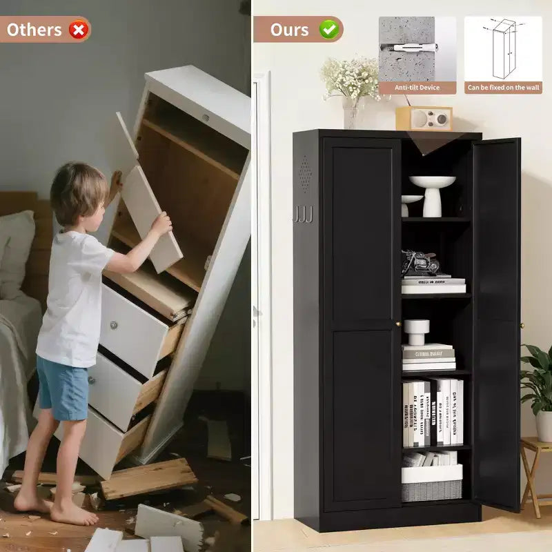 Black / White Fluted Metal Pantry Cabinet, 2-Door Freestanding Storage, Single