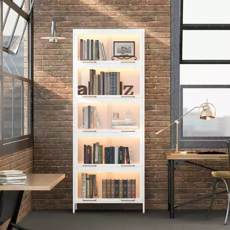 Black/White 5-Tier Glass Door Display Cabinet with LED, Single-Person Assembly