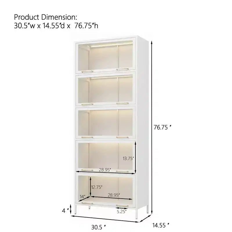 Black/White 5-Tier Glass Door Display Cabinet with LED, Single-Person Assembly