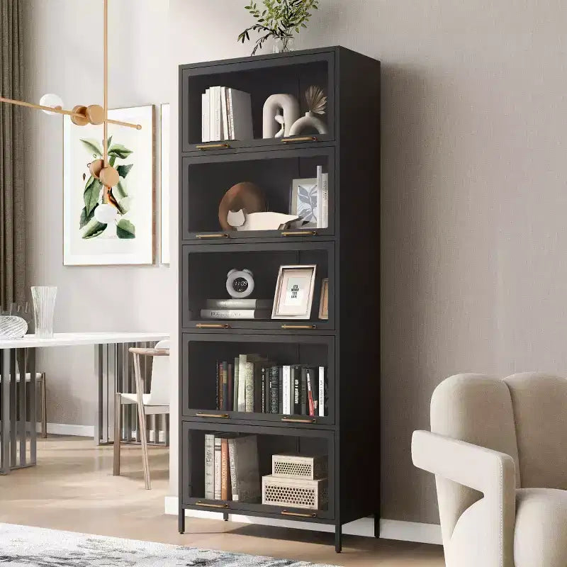 Black/White 5-Tier Glass Door Display Cabinet with LED, Single-Person Assembly