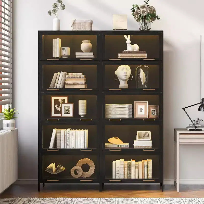 Black/White 5-Tier Glass Door Display Cabinet with LED, Single-Person Assembly