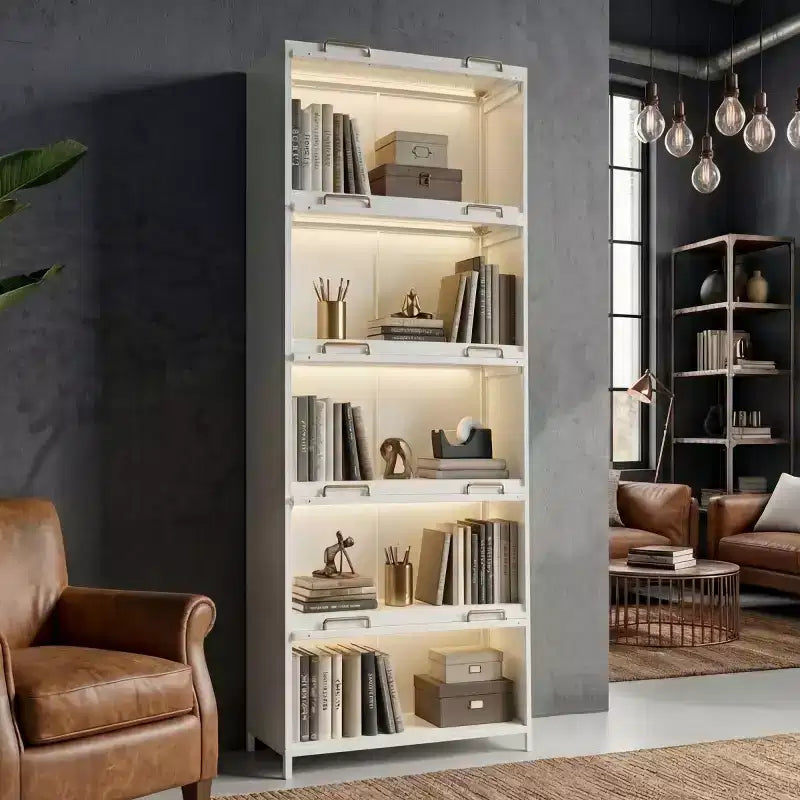 Black/White 5-Tier Glass Door Display Cabinet with LED, Single-Person Assembly