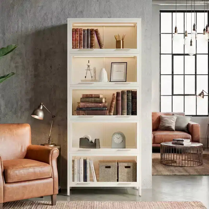 Black/White 5-Tier Glass Door Display Cabinet with LED, Single-Person Assembly