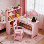 Kids Study Desk and Chair Set, Wooden Student Writing Table with Large Storage Hutch, Pinboard & Pen Holders, Wide Top Art Desk for Boys Girls