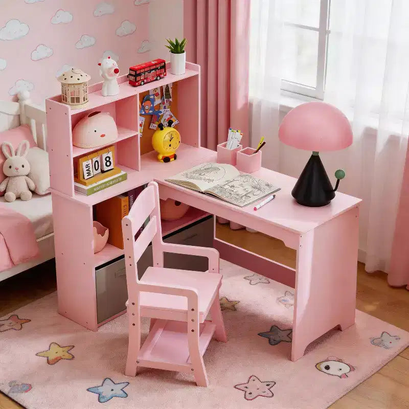 Kids Study Desk and Chair Set, Wooden Student Writing Table with Large Storage Hutch, Pinboard & Pen Holders, Wide Top Art Desk for Boys Girls