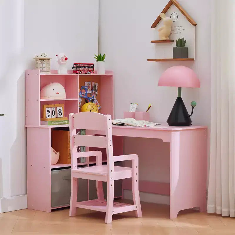 Natural Wood Kids Desk & Chair Set, 1-Child Study Workstation with Storage