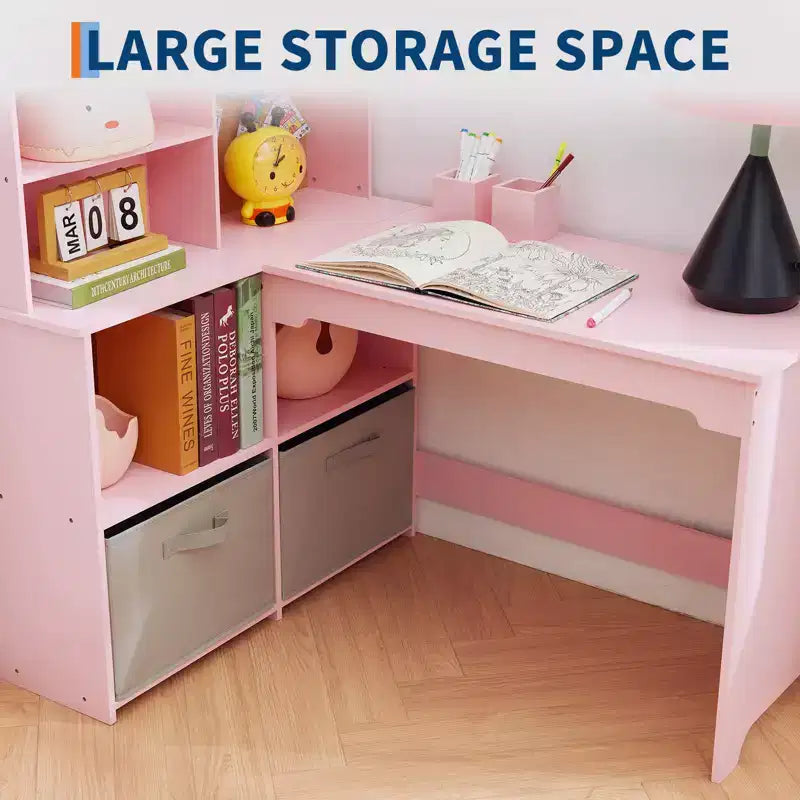 Natural Wood Kids Desk & Chair Set, 1-Child Study Workstation with Storage