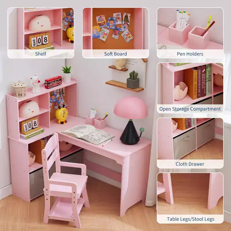 Natural Wood Kids Desk & Chair Set, 1-Child Study Workstation with Storage