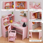Natural Wood Kids Desk & Chair Set, 1-Child Study Workstation with Storage