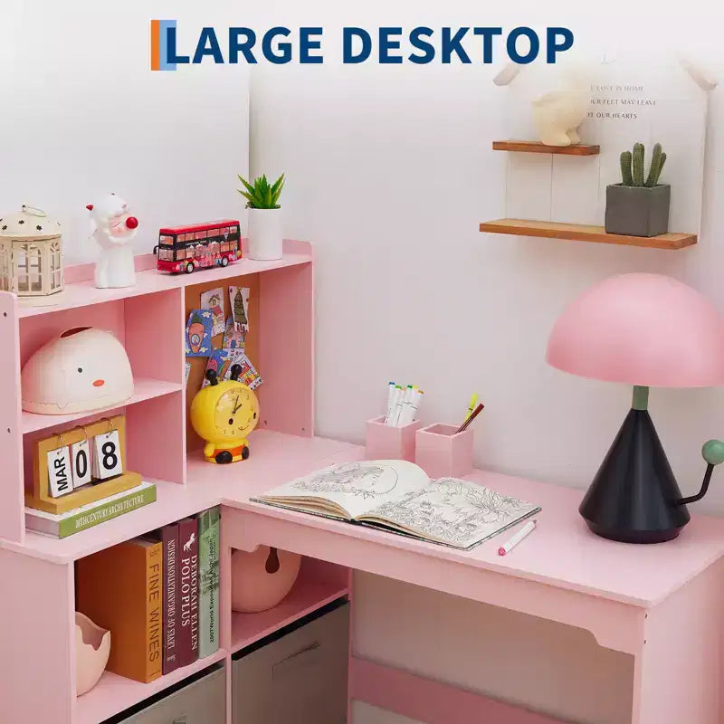Natural Wood Kids Desk & Chair Set, 1-Child Study Workstation with Storage