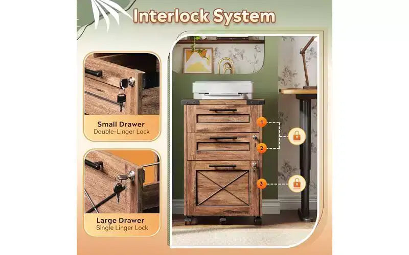 3-Drawer Rolling File Cabinet with Hanging Files, Farmhouse Style – Dark Brown / Gray / Oak, Single-User